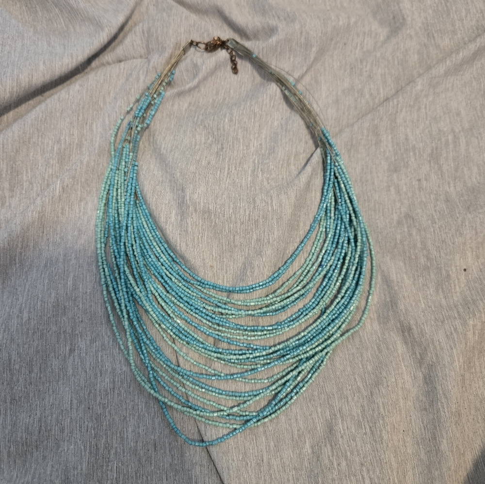 Multi-Layer Necklace Silver And Turquoise Color Beads